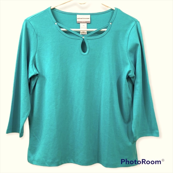 Alfred Dunner Top Jersey 3/4 Sleeve Green/Blue WM SZ S Petite Rhinestones 🥰 - Picture 1 of 12